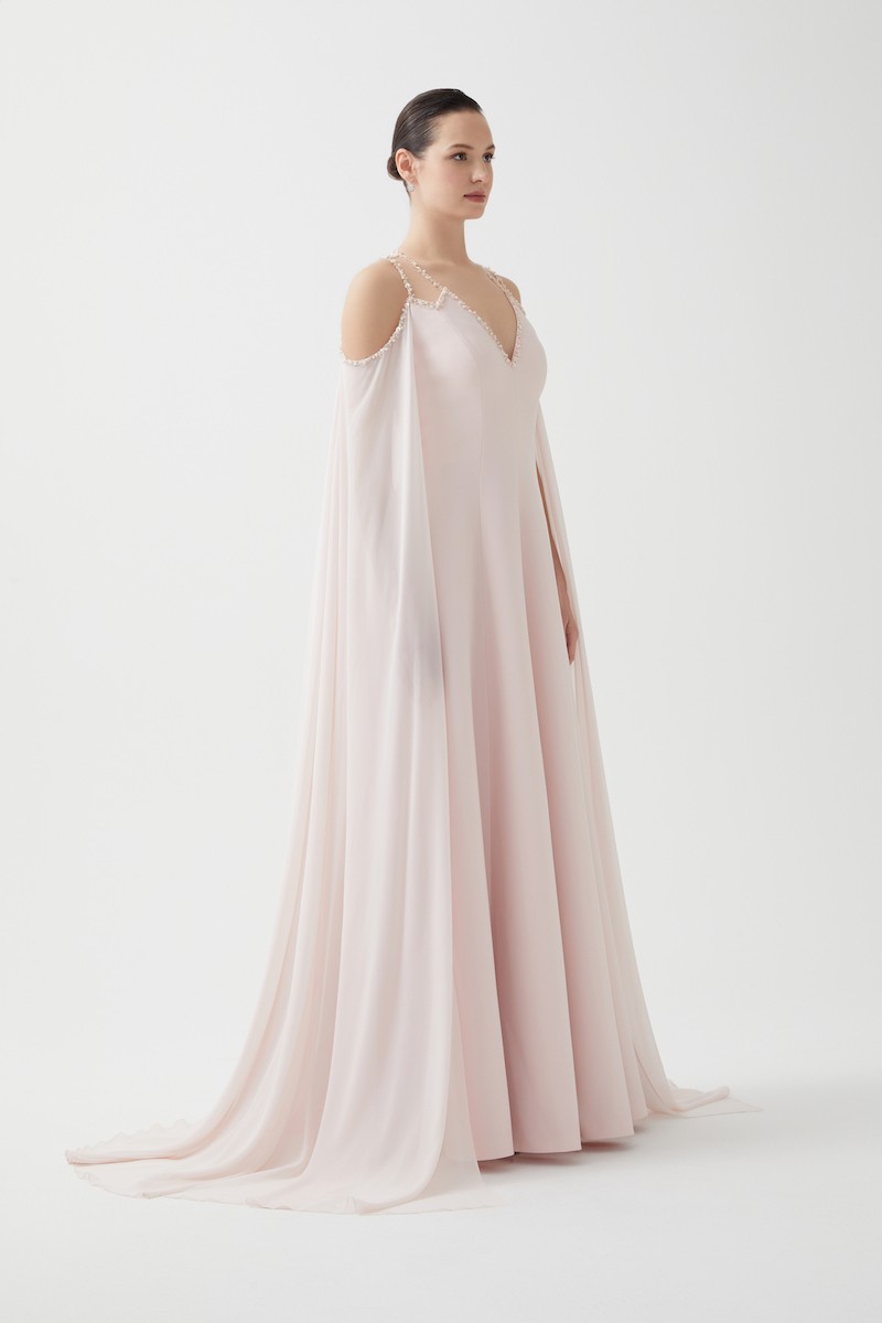 R110 - V-Neckline, Sheer Shoulders, Chiffon Cape on Sleeves and Back, Hand-Embroidered Neckline and Sleeve Edges, Paneled Flared Cut, Full-Length Dress