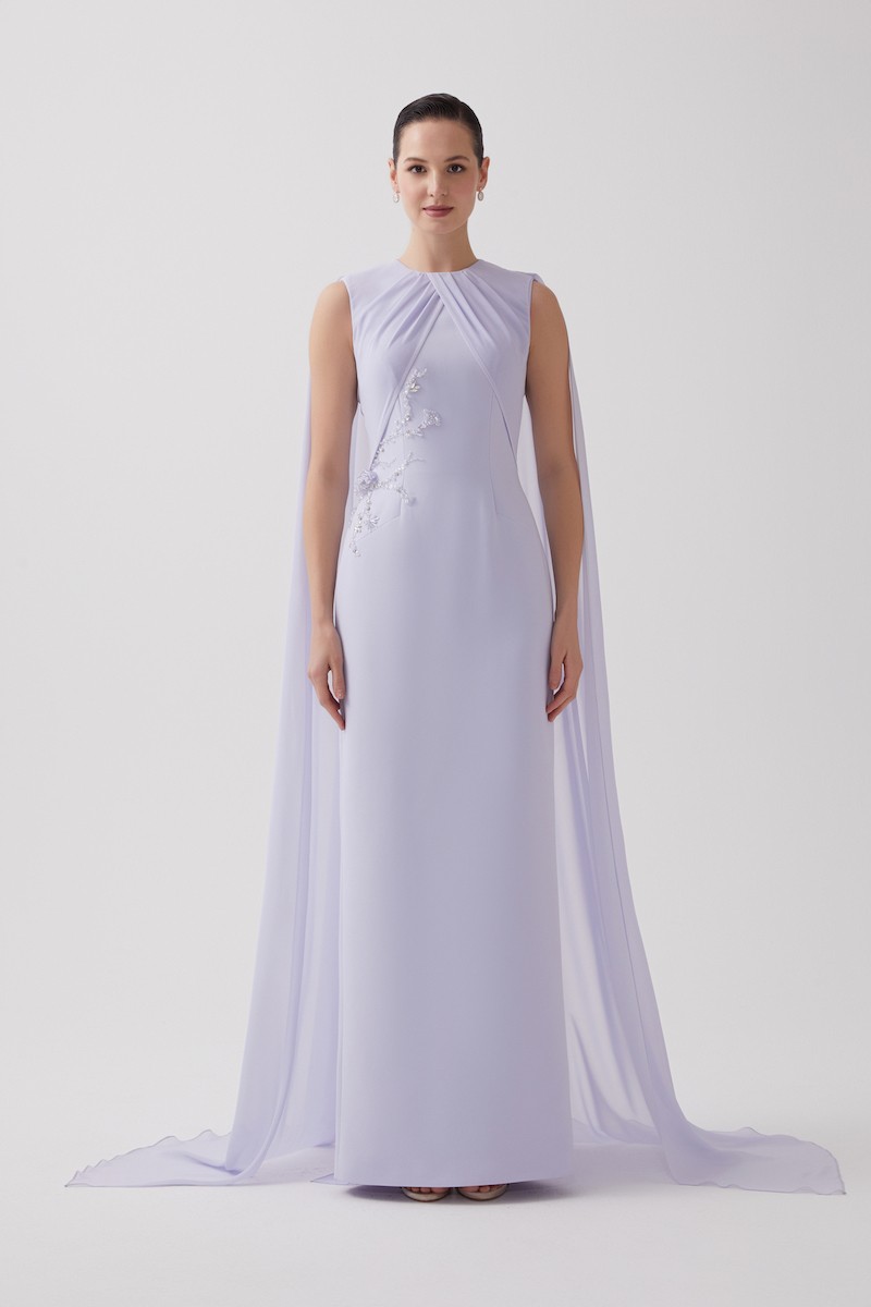 R105 - Crew Neckline, Front Chiffon Pleats, Chiffon Cape at the Back, Hand-Embroidered Front Details, Back Slit, Straight Cut, Full-Length Dress