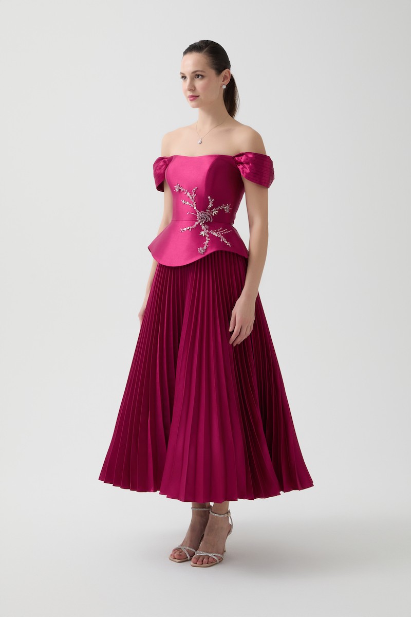 R117 - Boat Neckline, Off-Shoulder Sleeves, Corset Bodice, Peplum Waist, Hand-Embroidered Front Details, Pleated Skirt, Maxi-Length Dress