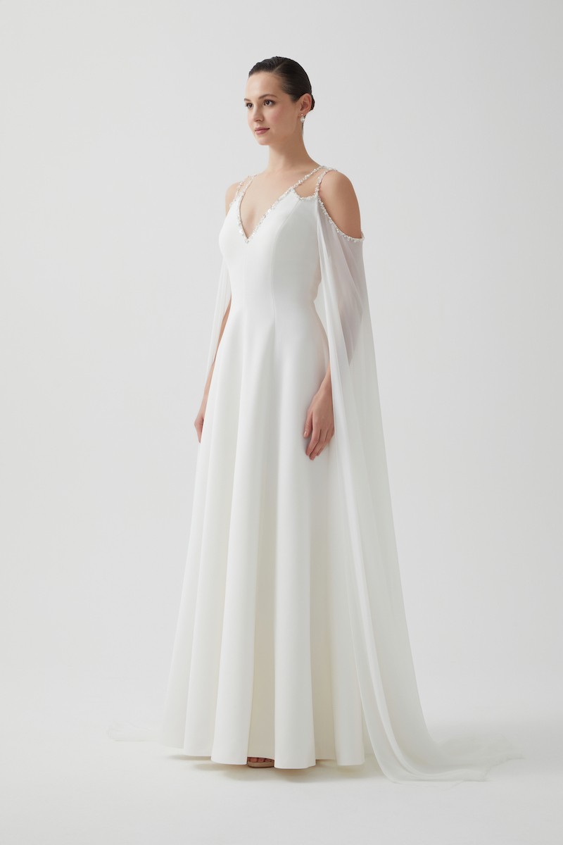 R110 - V-Neckline, Sheer Shoulders, Chiffon Cape on Sleeves and Back, Hand-Embroidered Neckline and Sleeve Edges, Paneled Flared Cut, Full-Length Dress