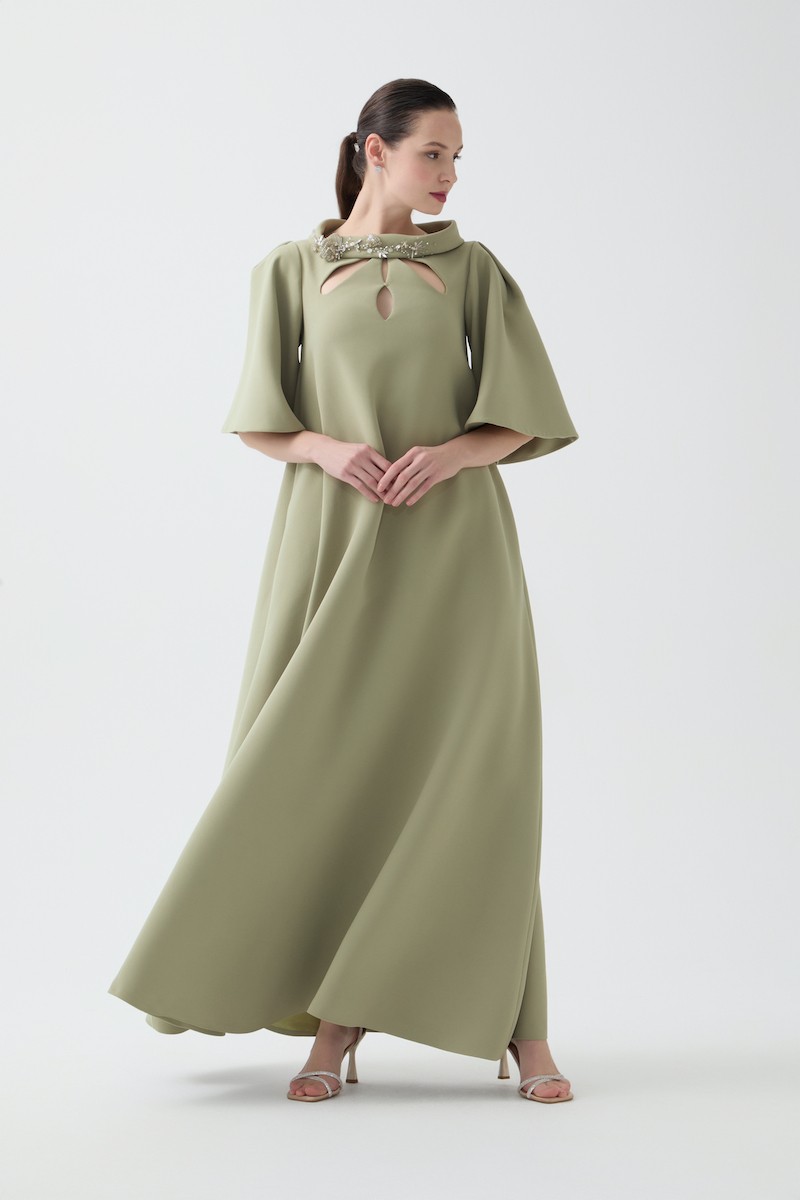 R84 - Ruffled Sleeves, Hand-Embroidered High Collar, Front Keyhole Cut-Out, Loose Fit, Pockets, Full-Length Dress