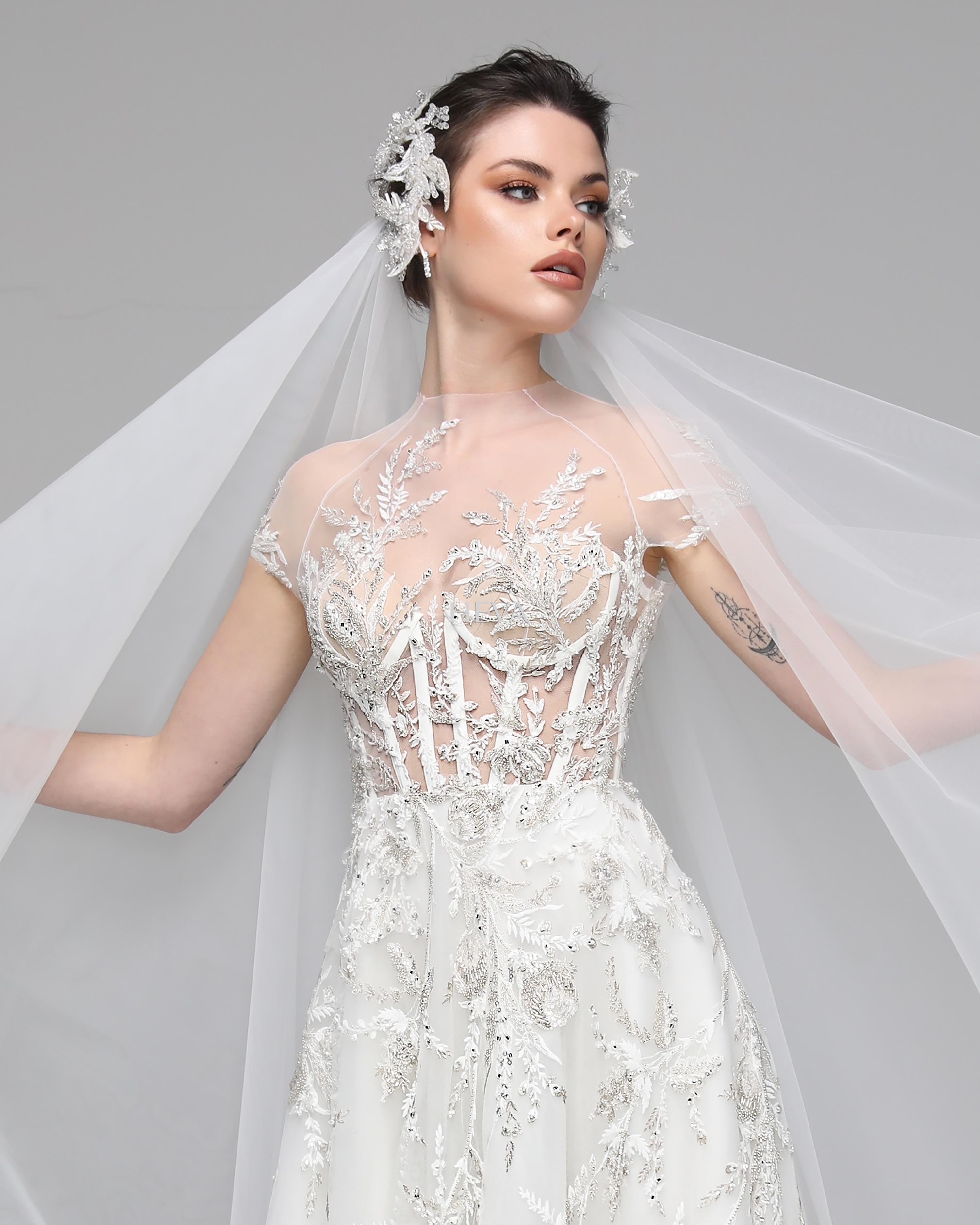 HV22007 - Short-Sleeved, Transparent-Necked, Corset-Bodied, Lightly Frilled Skirt, and Traind with Swarovski Crystal-Embellished Custom-Designed Wedding Gown