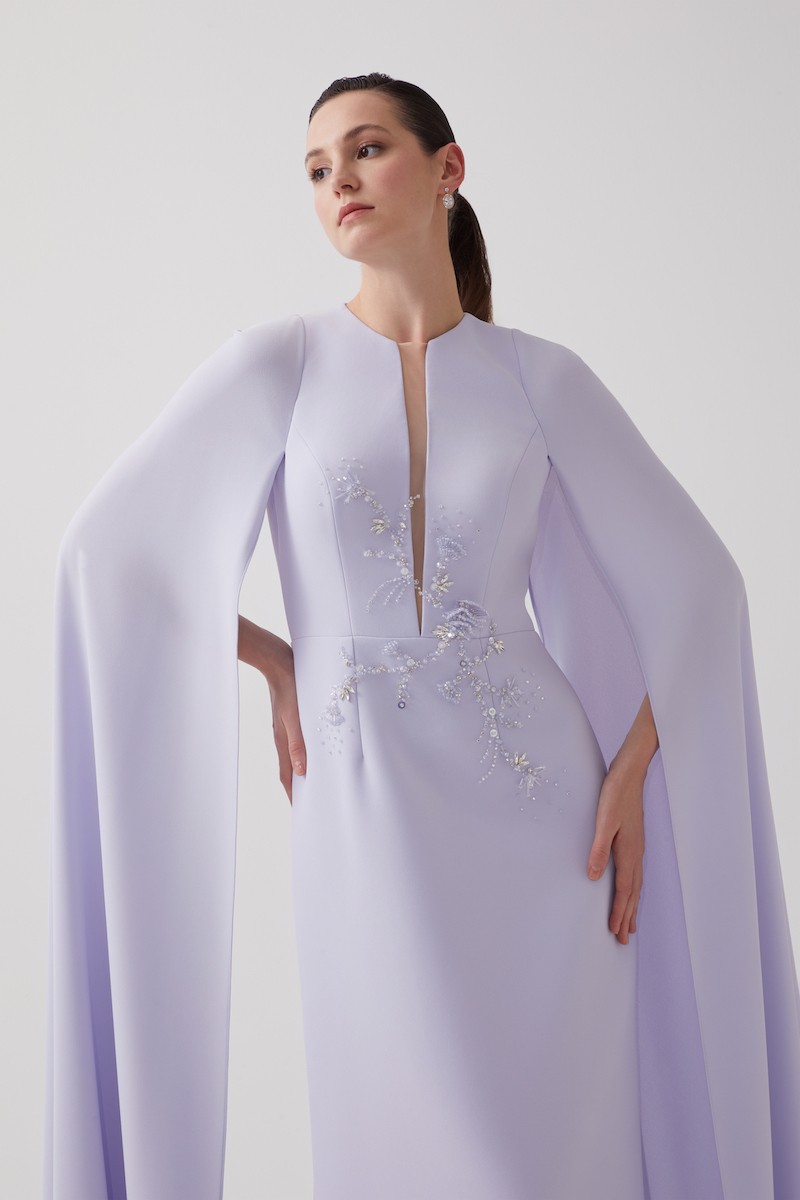 R102 - Deep V-Neckline, Long Cape Sleeves, Hand-Embroidered Front Detail, Back Slit, A-Line, Full-Length Dress