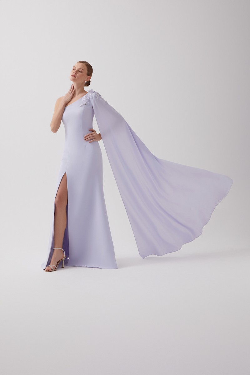 R123 - One-Shoulder, Shoulder Cape, Padded, Hand-Embroidered Shoulder Details, Front Slit, Mermaid Cut, Full-Length Dress