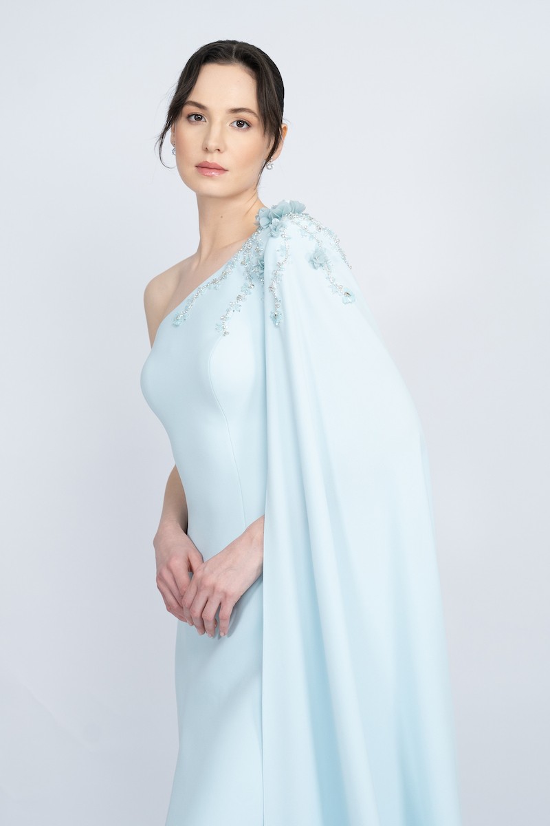 R59 - One Shoulder, Long Cape Shoulder, Padded, Front Slit, Hand-Embroidered, Mermaid Cut, Long Dress