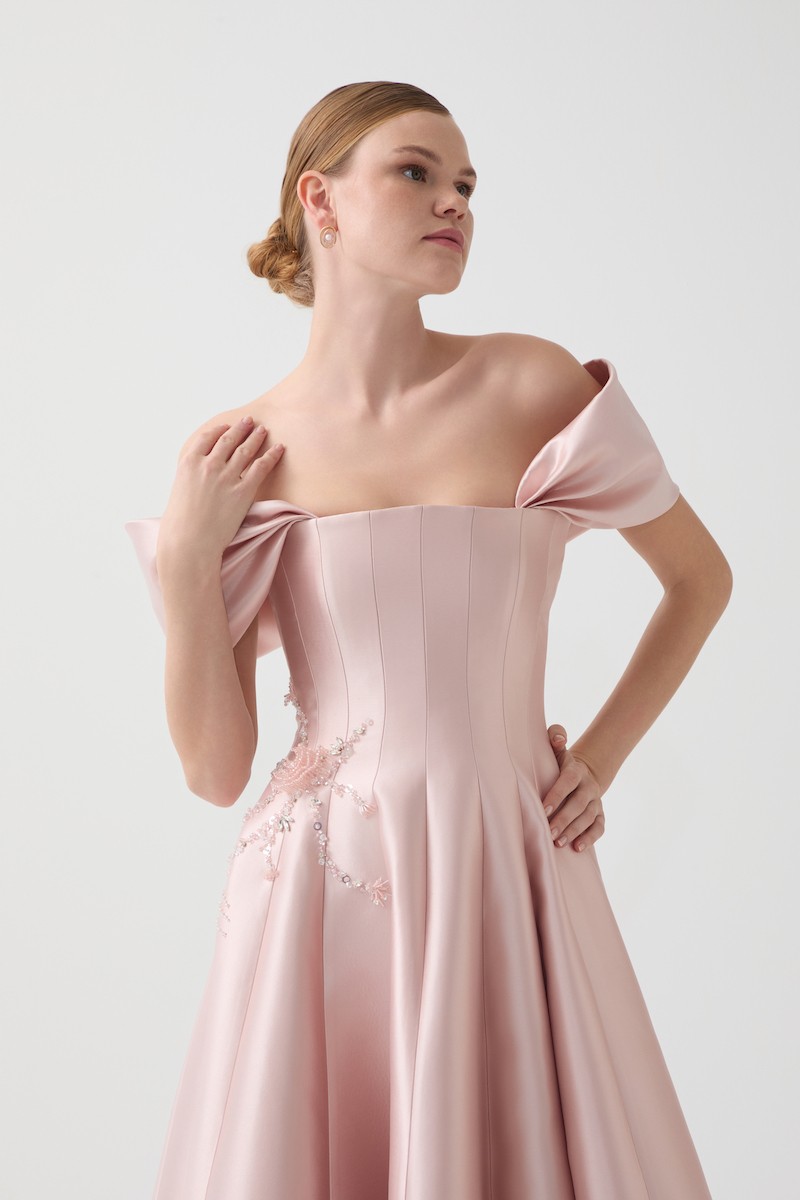 R122 - Strapless, Corset Bodice, Off-Shoulder Sleeves, Hand-Embroidered Front Details, Paneled Flared Cut, Full-Length Dress