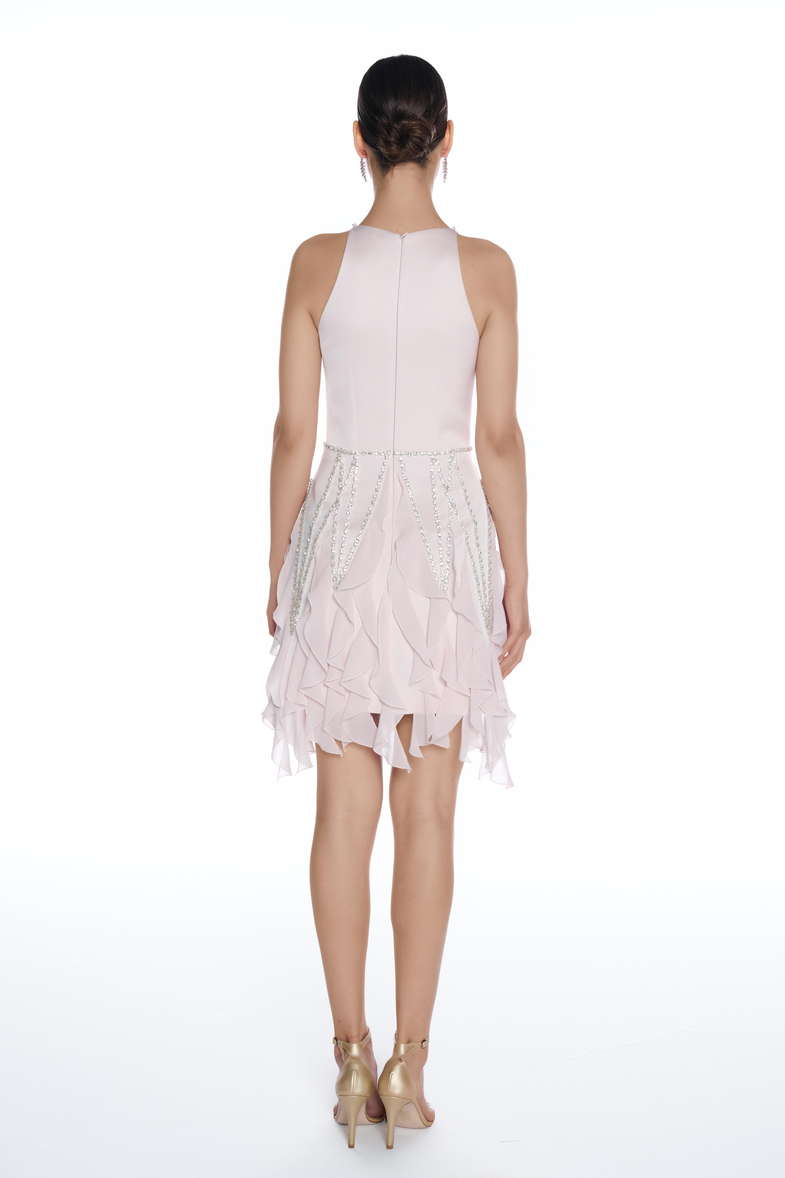 R43 - Deep V-Neck, Collar and Skirt with Stone Hand Embroidery, Bottom Hem with Ruffle and Scallop detailing, Mini-Length Dress