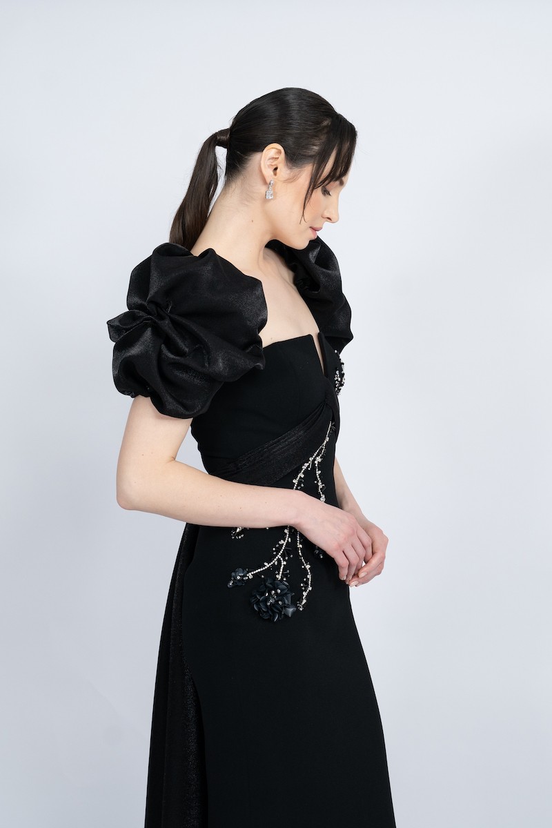 R55 - Balloon Sleeve, V-Neckline, Waistband from Bust to Back, Embellished, Back Slit, Straight Cut, Long Dress