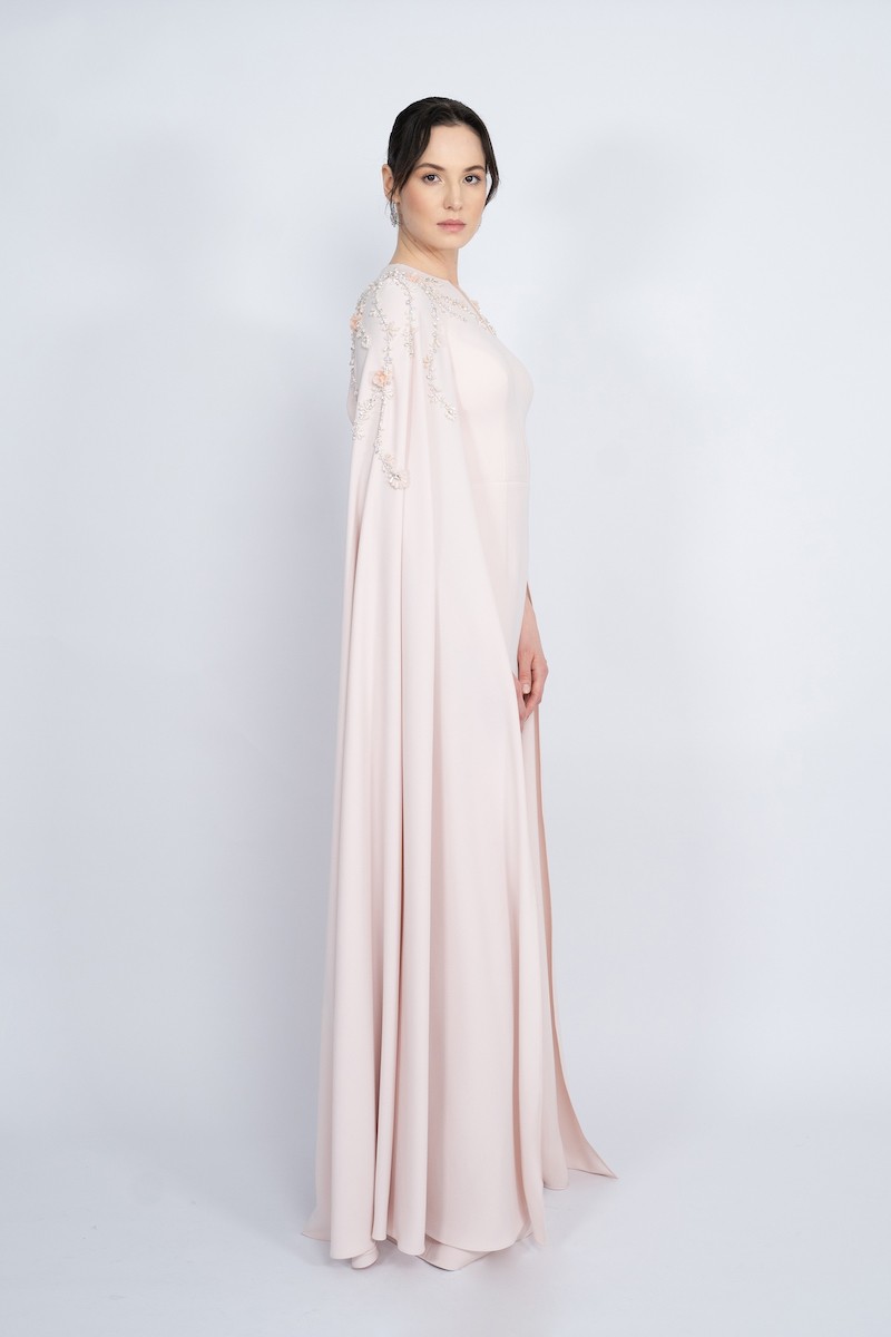 R49 - Straight Cut with Cape, Deep Neckline, Hand-Embroidered Shoulders, Slit at the Back, Long Dress