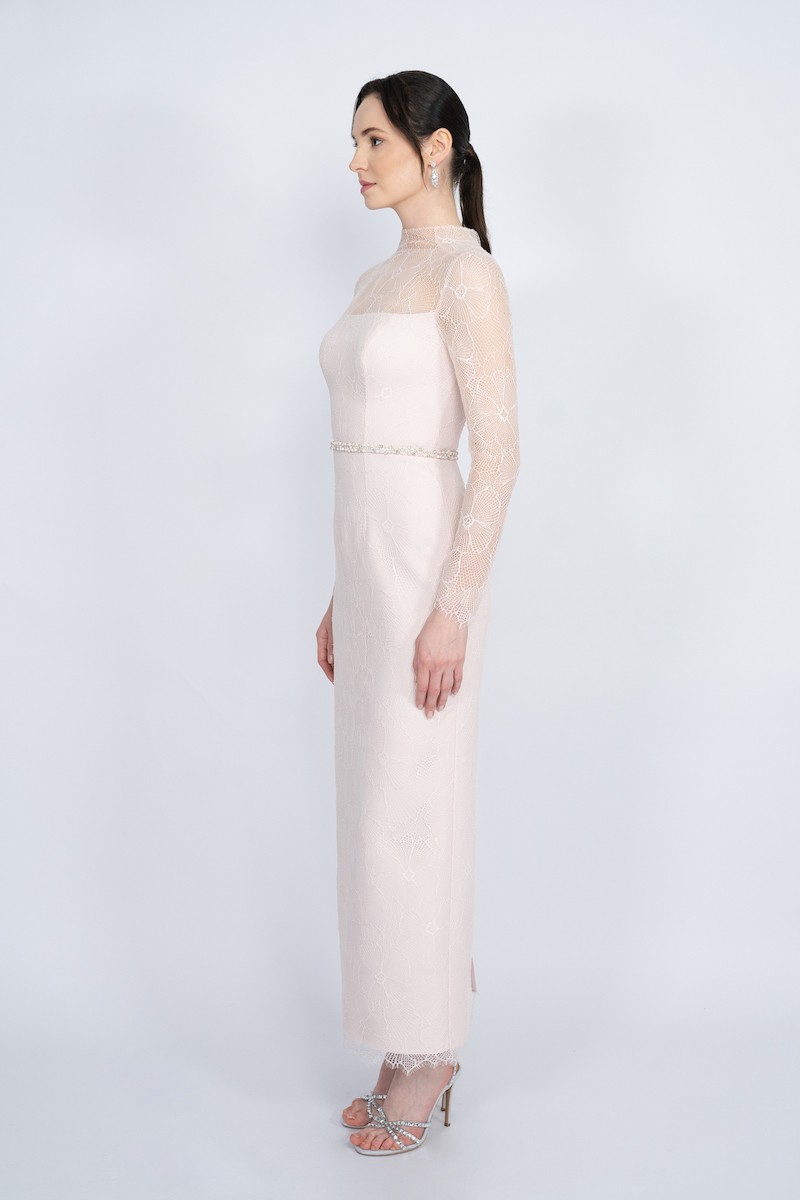 R66 - High Neck, Fully Lace Covered, Detachable Hand-Embroidered Belted, Back Slit, Straight Cut, Maxi Dress