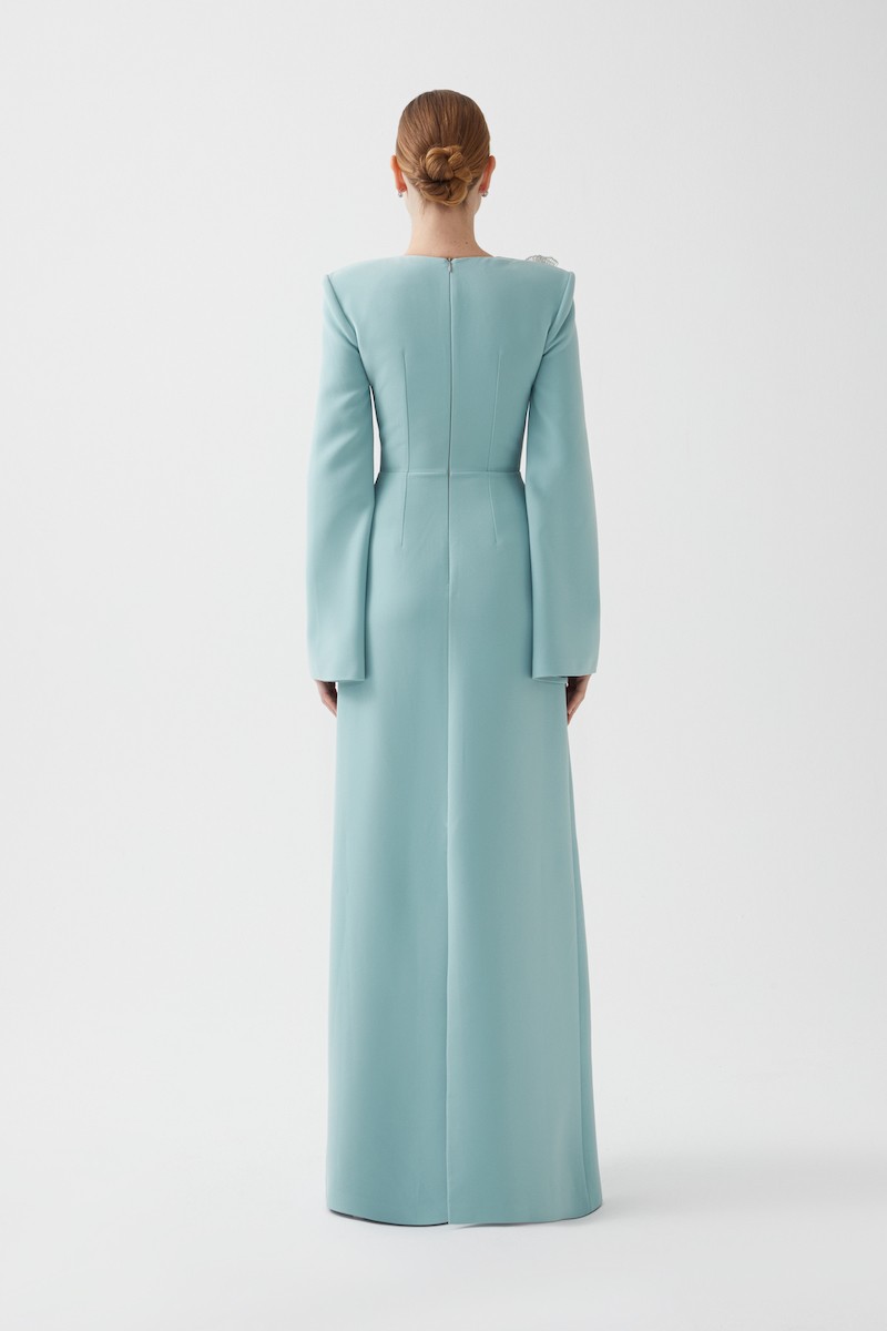 R101 - V-Neckline, Padded Shoulders, Hand-Embroidered Shoulder Details, Slit Ruffled Sleeves, Back Slit, A-Line, Full-Length Dress