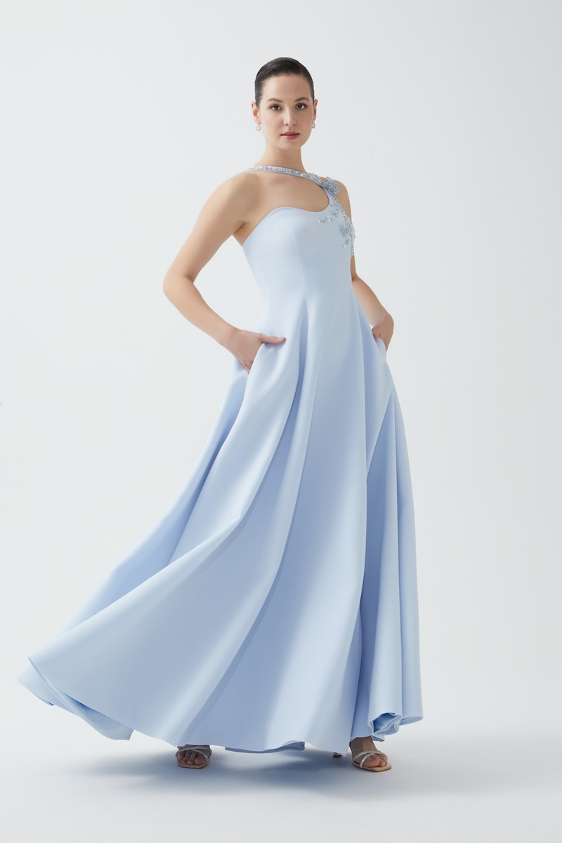 R96 - One-Shoulder Strap, Hand-Embroidered Neckline and Straps, Pockets, Flared Skirt, Full-Length Dress