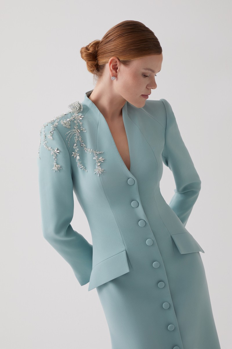 R121 - High V-Neckline, Padded Shoulders, Front Buttoned, Front Slit, Hand-Embroidered Shoulder Details, Short Train at the Back, Mermaid Cut, Full-Length Blazer Dress