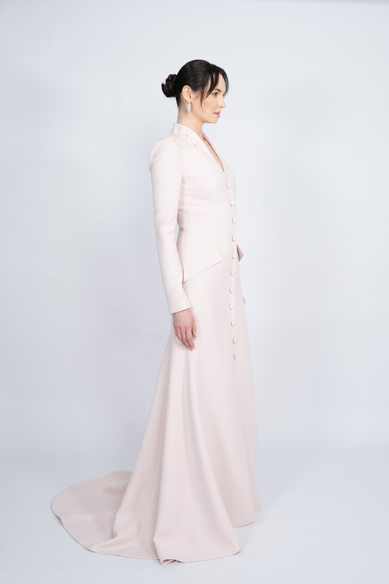 R64 - Straight Collar, Padded Shoulder, Front Closed and Buttoned, Front Slit, Back with Short Tail, Fish Tail Cut, Long Jacket Dress