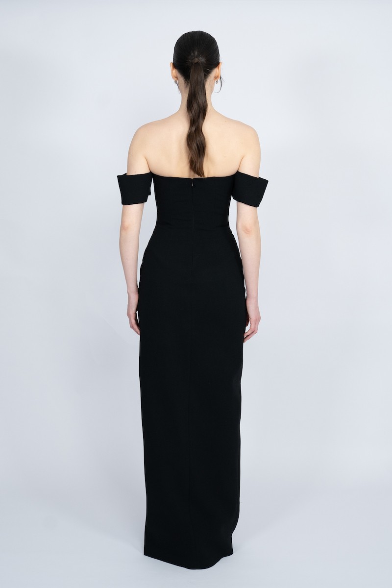 R57 - Off-Shoulder, V-Neckline, Front Slit, Handmade Floral Detail, Hand-Embellished, Straight Cut, Long Dress