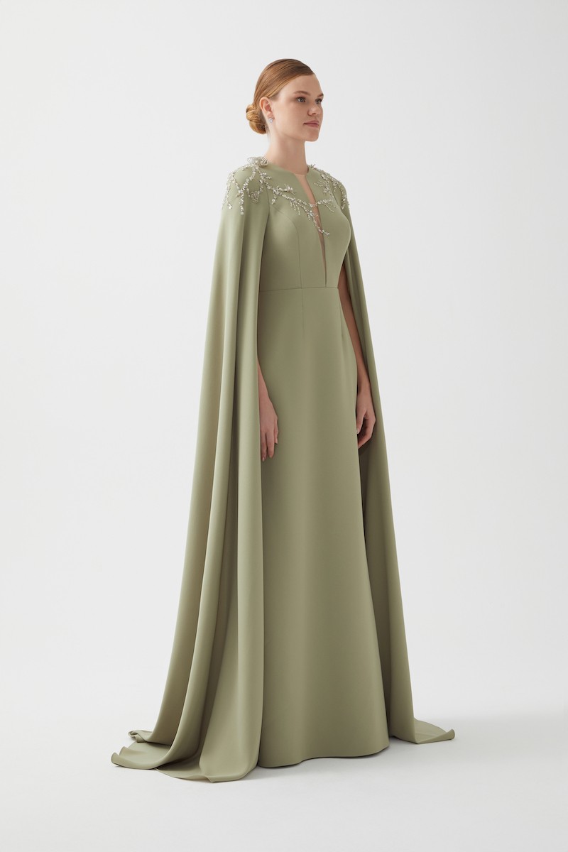 R118 - Deep V-Neckline, Long Cape Sleeves, Hand-Embroidered Front Detail, Back Slit, A-Line, Full-Length Dress