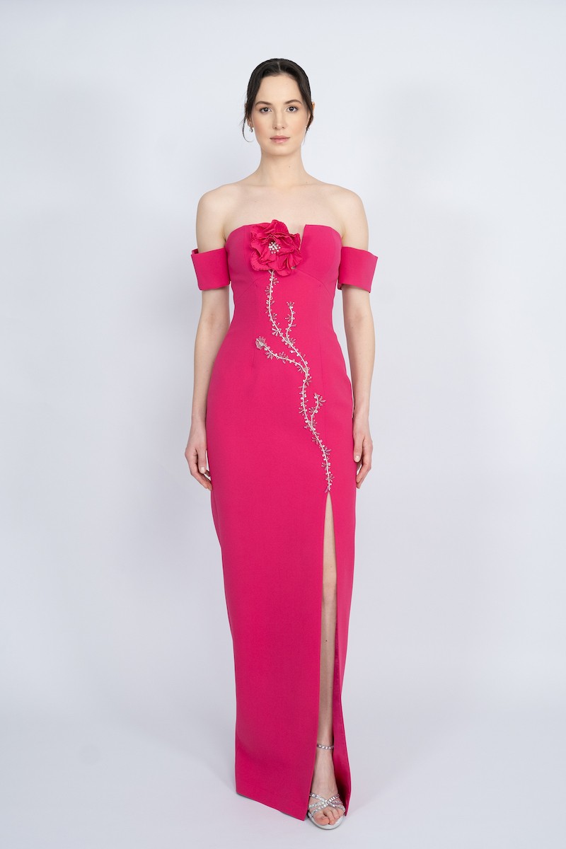 R57 - Off-Shoulder, V-Neckline, Front Slit, Handmade Floral Detail, Hand-Embellished, Straight Cut, Long Dress