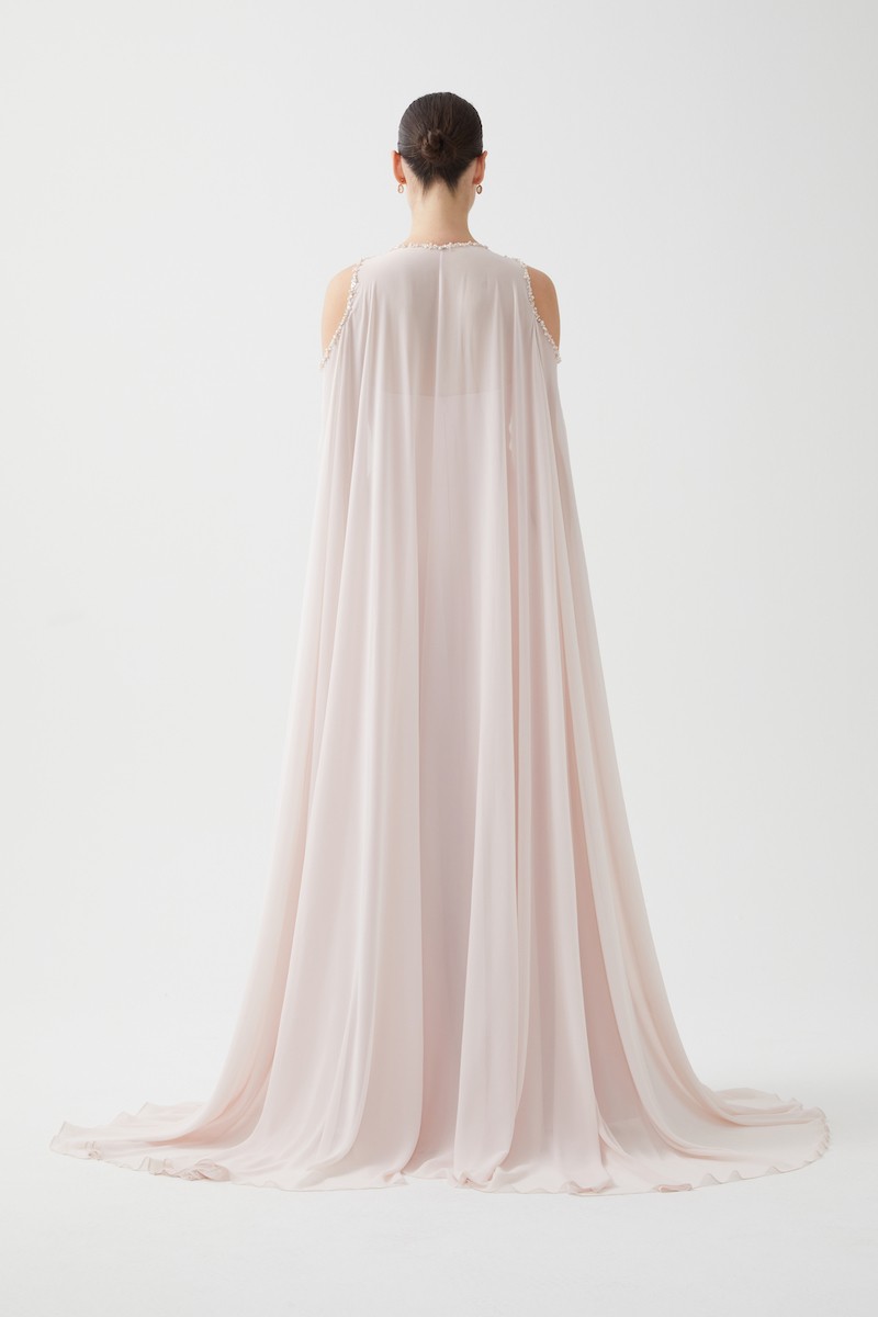 R110 - V-Neckline, Sheer Shoulders, Chiffon Cape on Sleeves and Back, Hand-Embroidered Neckline and Sleeve Edges, Paneled Flared Cut, Full-Length Dress