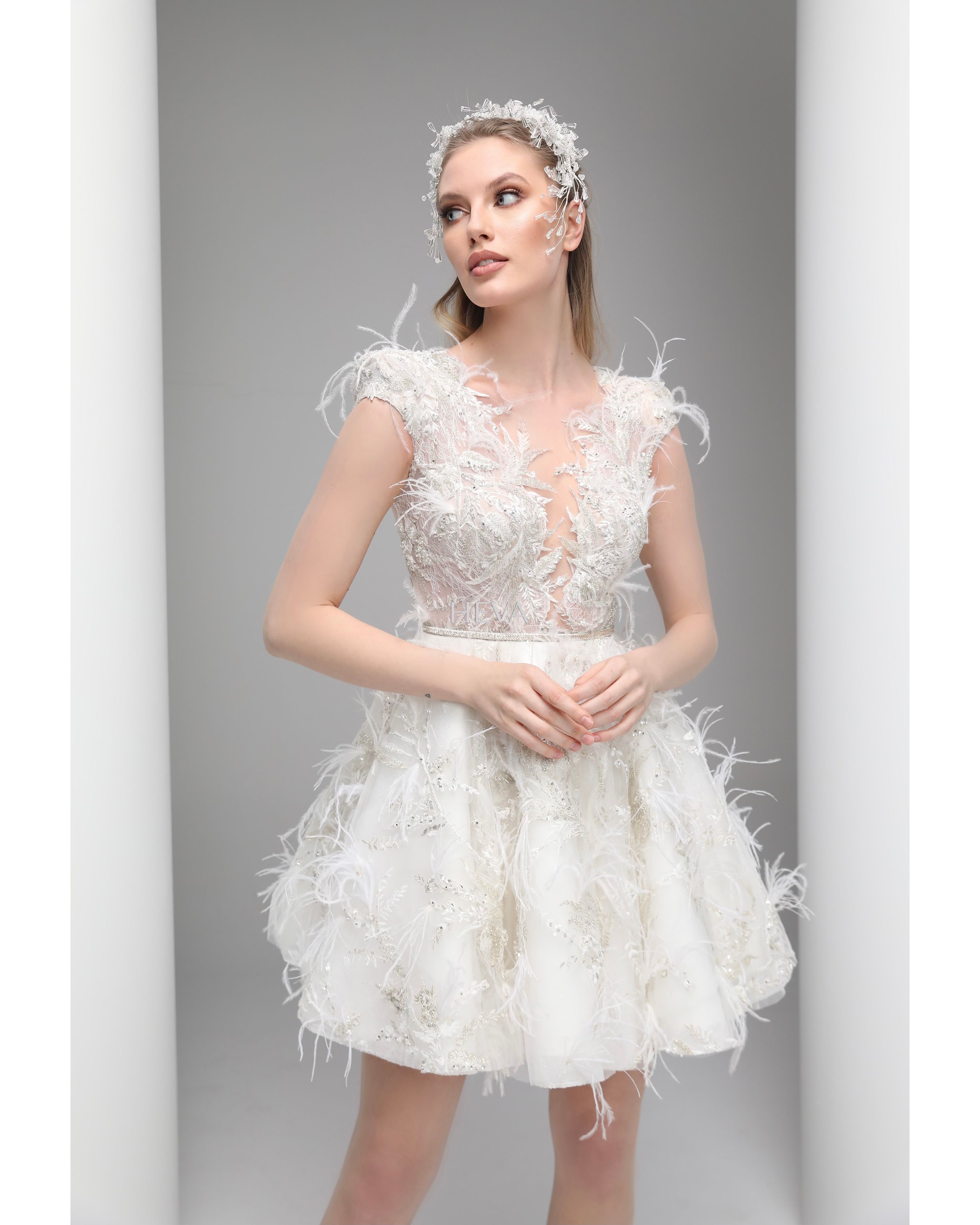 HV22103 - Crystal Stones and French Lace Embroidered Transparent Tulle Party Dress with Shoulder Pads and Skirt Embossment for Elegant Silhouette