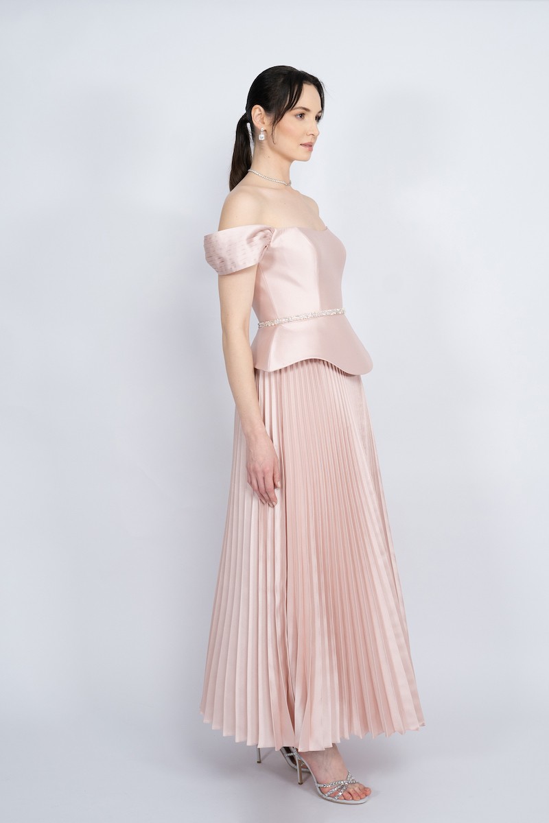 R52 - Boat Neck, Off-Shoulder, Corseted Bodice, Peplum Waist, Pleated Skirt, Detachable Embellished Belt, Maxi Dress