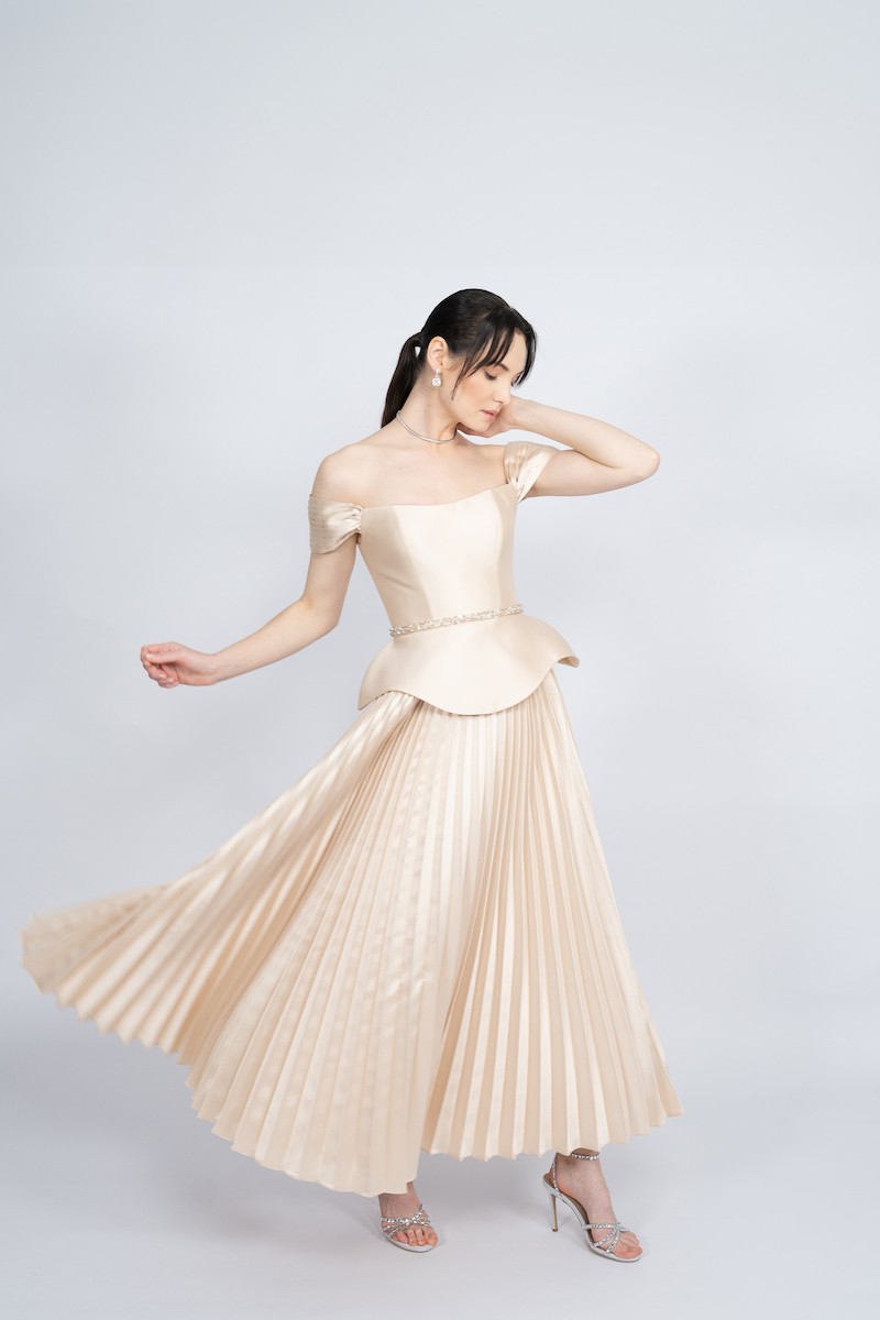 R52 - Boat Neck, Off-Shoulder, Corseted Bodice, Peplum Waist, Pleated Skirt, Detachable Embellished Belt, Maxi Dress