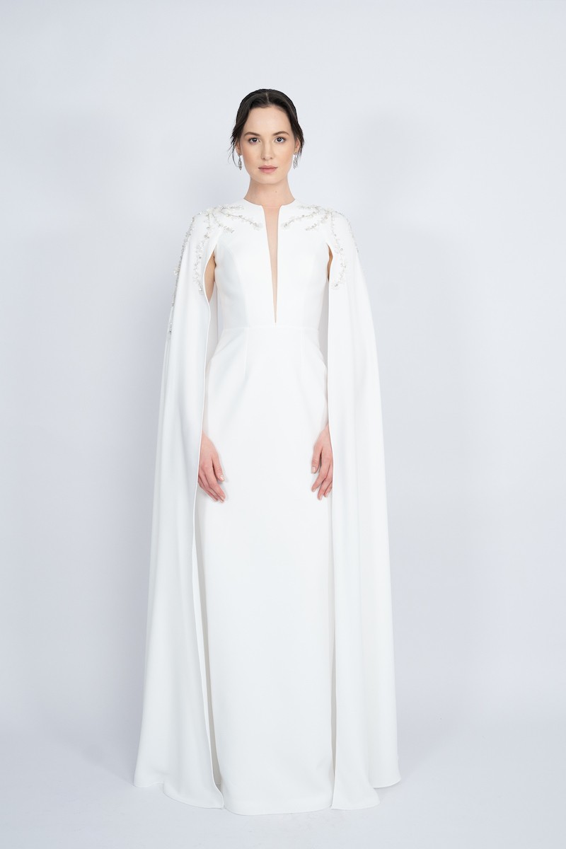 R49 - Straight Cut with Cape, Deep Neckline, Hand-Embroidered Shoulders, Slit at the Back, Long Dress