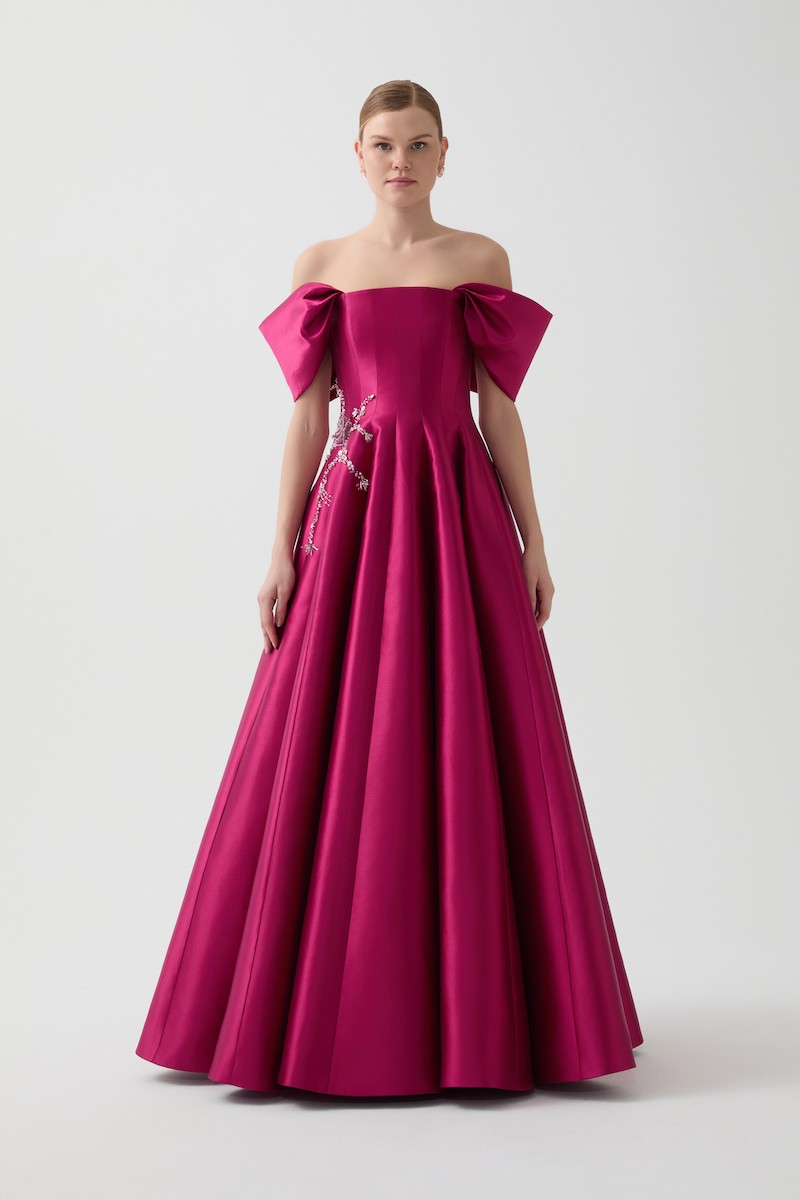 R122 - Strapless, Corset Bodice, Off-Shoulder Sleeves, Hand-Embroidered Front Details, Paneled Flared Cut, Full-Length Dress