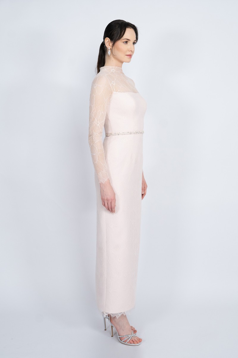 R66 - High Neck, Fully Lace Covered, Detachable Hand-Embroidered Belted, Back Slit, Straight Cut, Maxi Dress