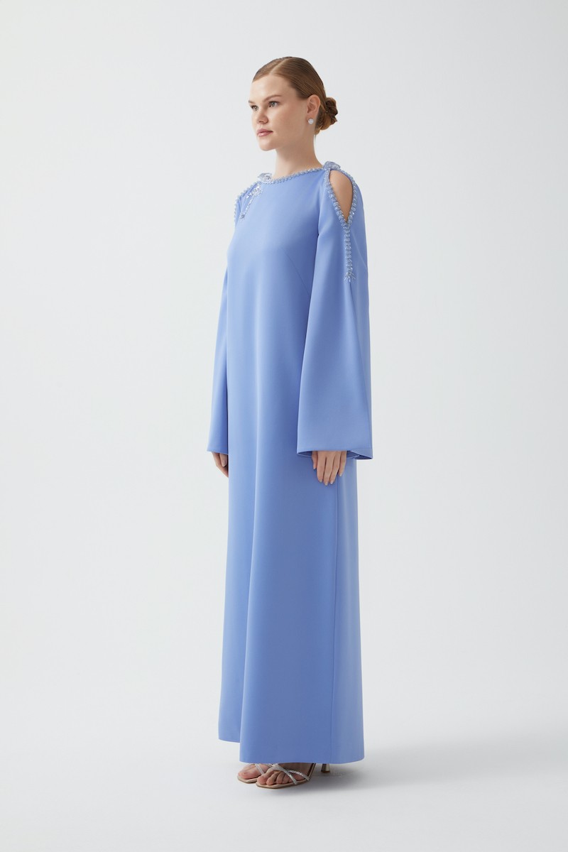 R82 - Ruffled Sleeves, Shoulder and Arm Cut-Outs, Boat Neckline, Hand-Embroidered Details, Loose Fit, Full-Length Dress