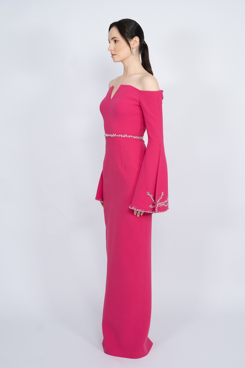 R54 - Off-Shoulder, V-Neckline, Spanish Sleeve, Sleeves with Slit and Embellishment, Detachable Embellished Belt, Back Slit, Straight Cut, Long Dress