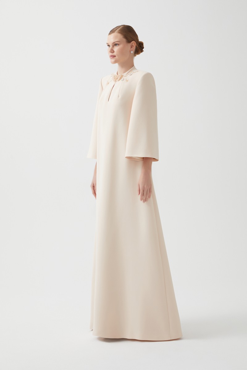 R124 - Round Neckline, Padded Shoulders, Keyhole Neck Detail, Hand-Embroidered Collar, Flutter Sleeves, Loose Fit, Full-Length Dress