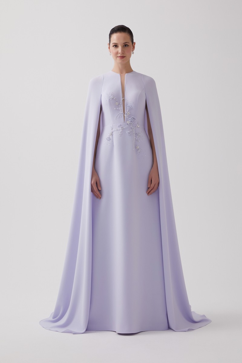 R102 - Deep V-Neckline, Long Cape Sleeves, Hand-Embroidered Front Detail, Back Slit, A-Line, Full-Length Dress