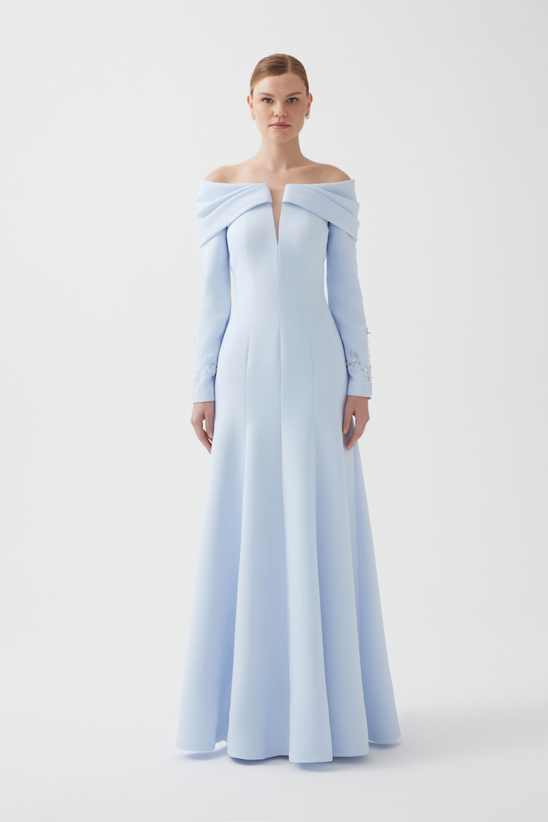 R104 - V-Neckline, Pleated Off-Shoulder, Long Sleeves, Hand-Embroidered Cuffs, Paneled Mermaid Cut, Full-Length  Dress