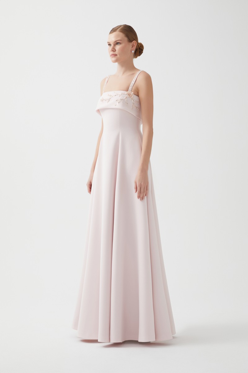 R119 - Strappy Shoulders, Hand-Embroidered Bust and Straps, Pocketed, Paneled Flared Cut, Full-Length Dress