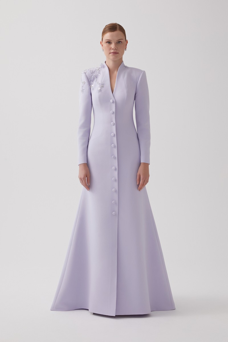 R121 - High V-Neckline, Padded Shoulders, Front Buttoned, Front Slit, Hand-Embroidered Shoulder Details, Short Train at the Back, Mermaid Cut, Full-Length Blazer Dress