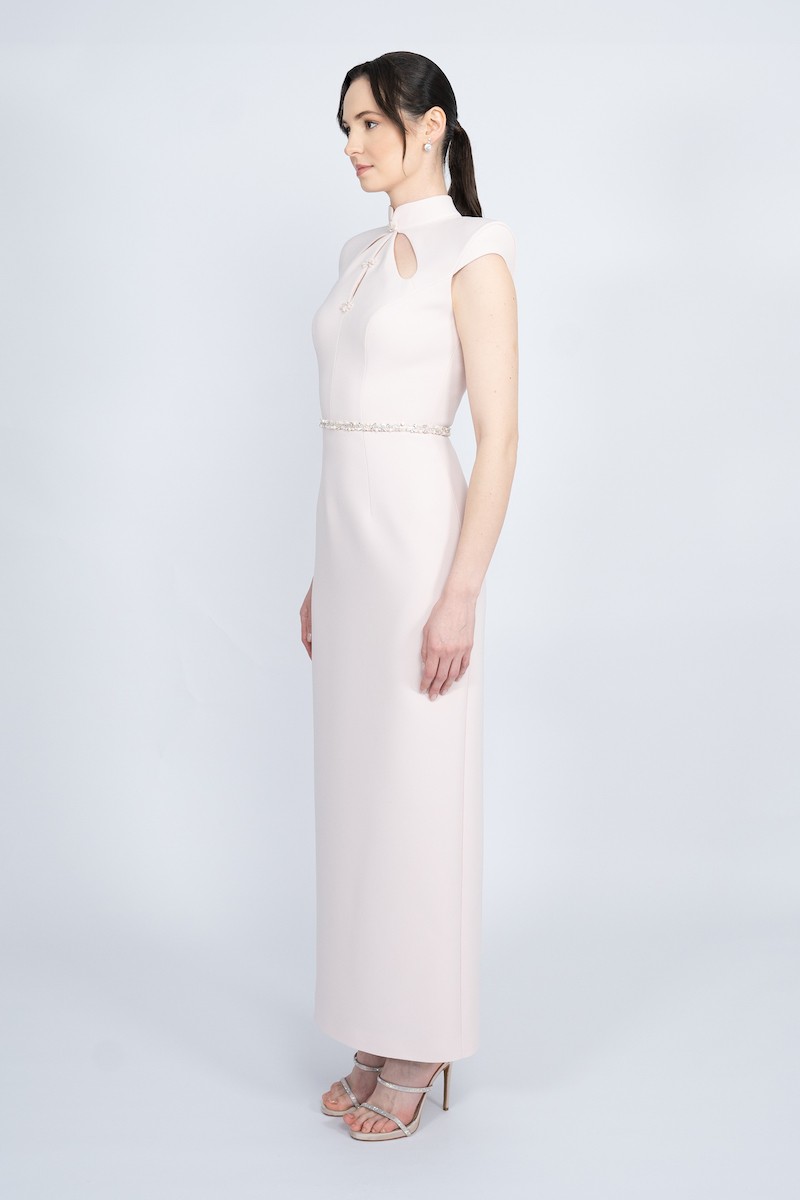 R51 - Mandarin Collar, Padded Shoulders, Plunging Neckline, Stone Embellished Front, Detachable Embellished Belt, Back Slit, Straight Cut, Maxi Dress