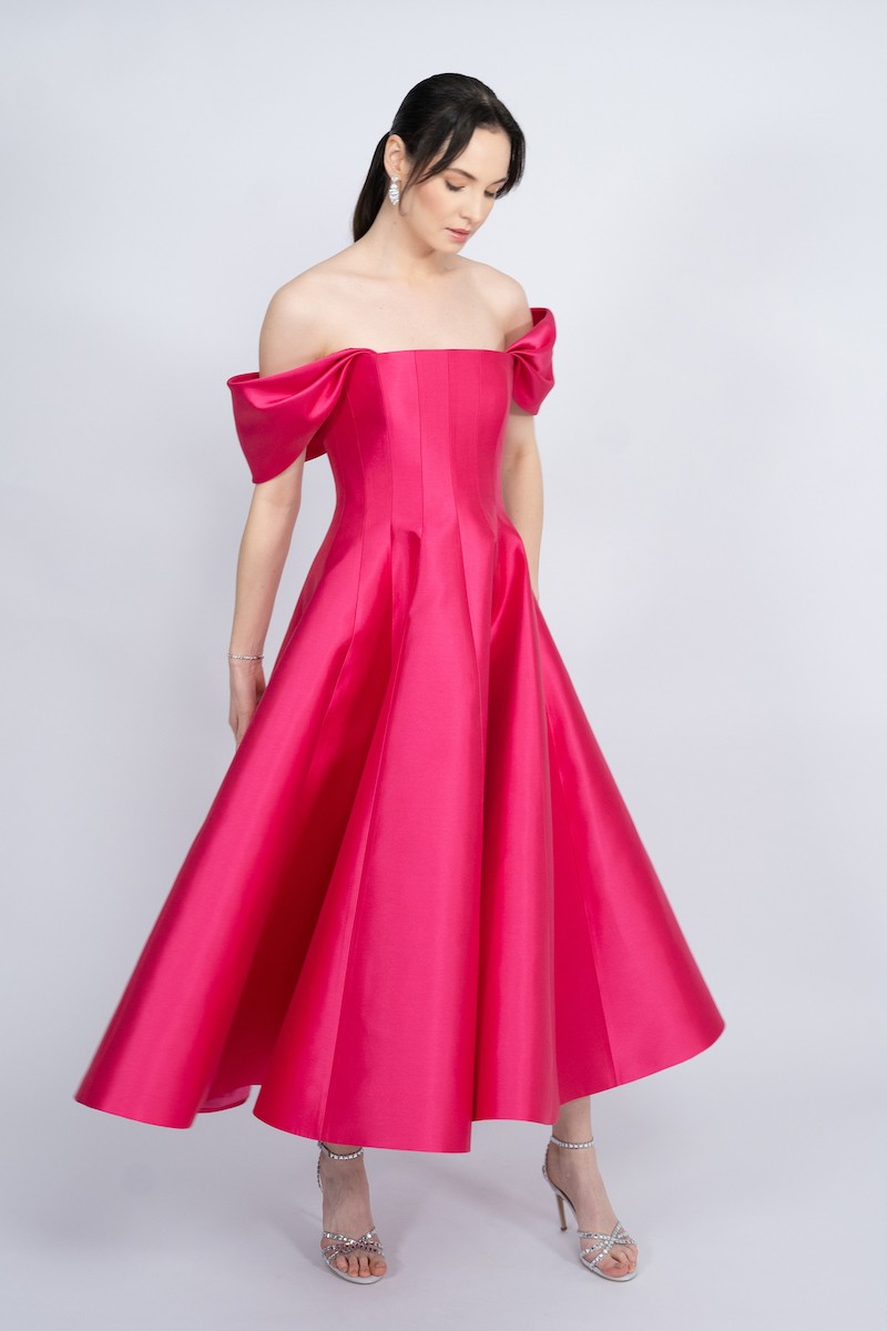 R53 - Straight Collar, Corseted Bodice, Off-Shoulder, Godet Skirt, Maxi Dress