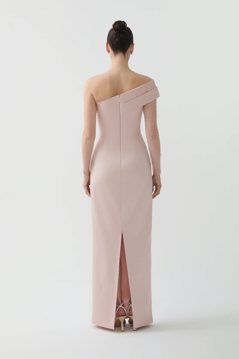 R130 - Asymmetrical One-Shoulder, Sheer Single Sleeve, Hand-Embroidered, Back Slit, Straight Cut, Full-Length Dress