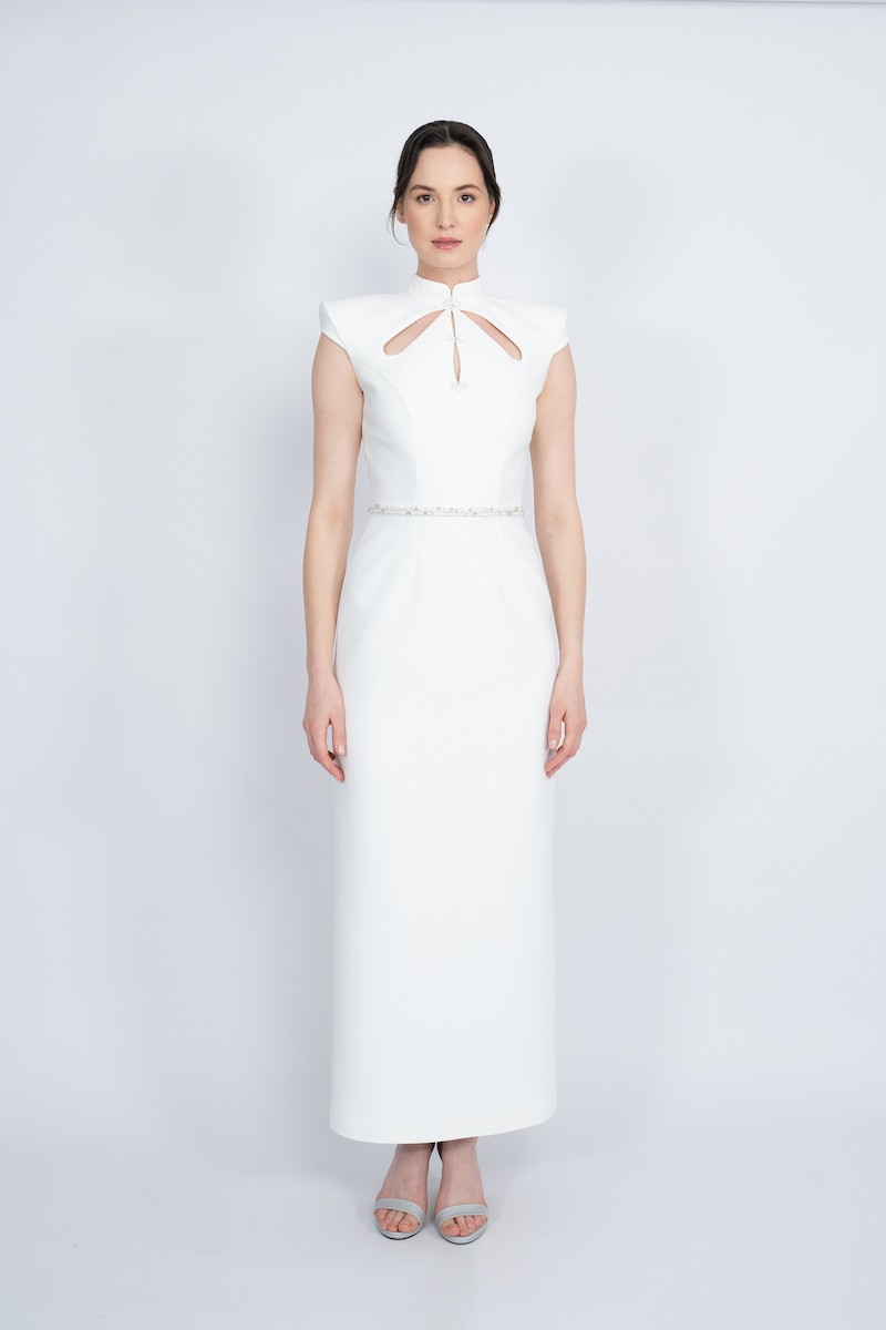 R51 - Mandarin Collar, Padded Shoulders, Plunging Neckline, Stone Embellished Front, Detachable Embellished Belt, Back Slit, Straight Cut, Maxi Dress