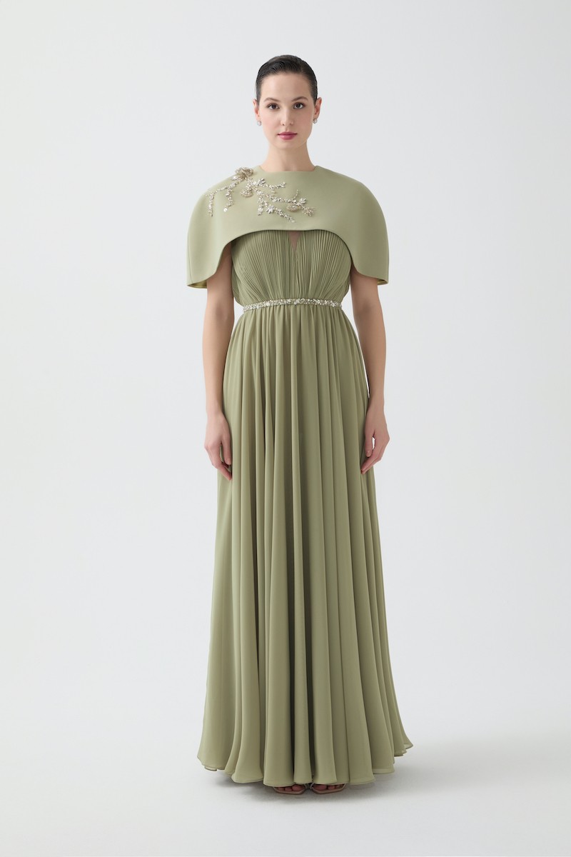 R94 - V-Neckline, Wrinkled Pleats, Removable Hand-Embroidered Cape and Belt Details, Flared Skirt, Full-Length Dress