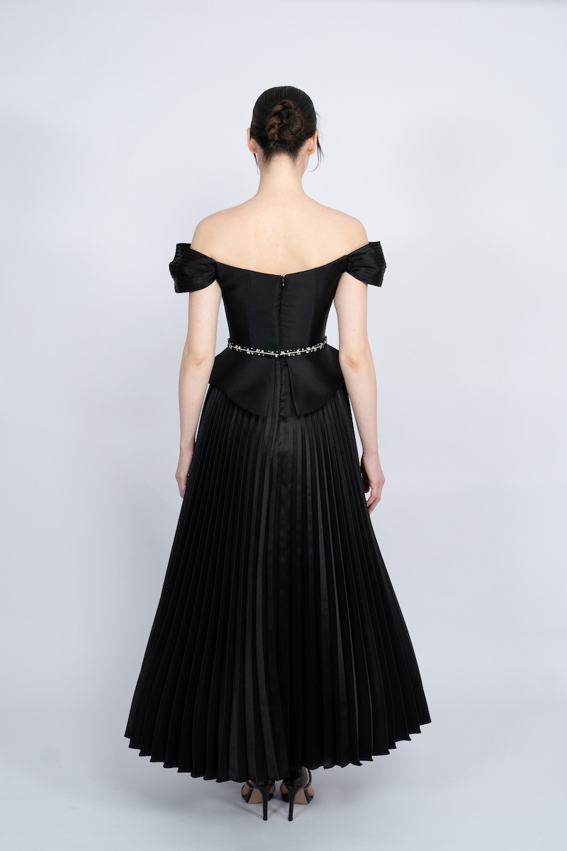 R52 - Boat Neck, Off-Shoulder, Corseted Bodice, Peplum Waist, Pleated Skirt, Detachable Embellished Belt, Maxi Dress