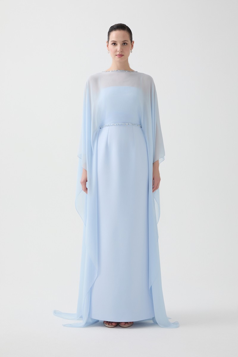 R112 - Thin-Strap Inner Dress, Chiffon Outer Dress with Boat Neckline, Hand-Embroidered Neckline, Batwing Sleeves, Removable Hand-Embroidered Belt, Chiffon Cape Back, Back Slit, Straight Cut, Full-Length Dress