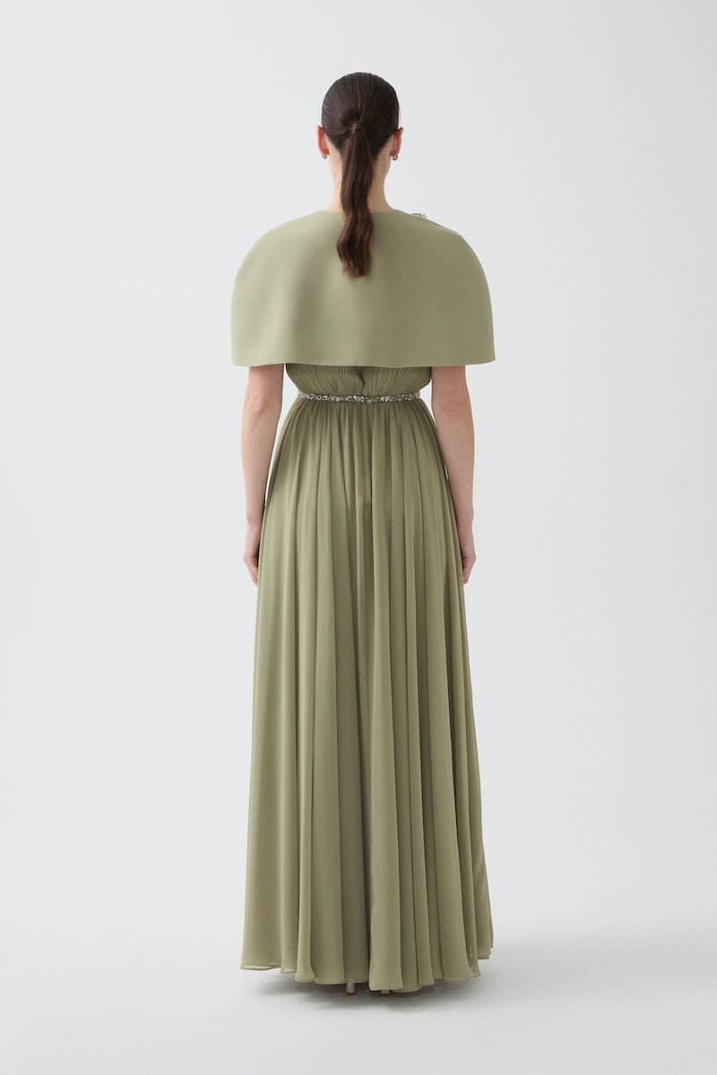 R94 - V-Neckline, Wrinkled Pleats, Removable Hand-Embroidered Cape and Belt Details, Flared Skirt, Full-Length Dress