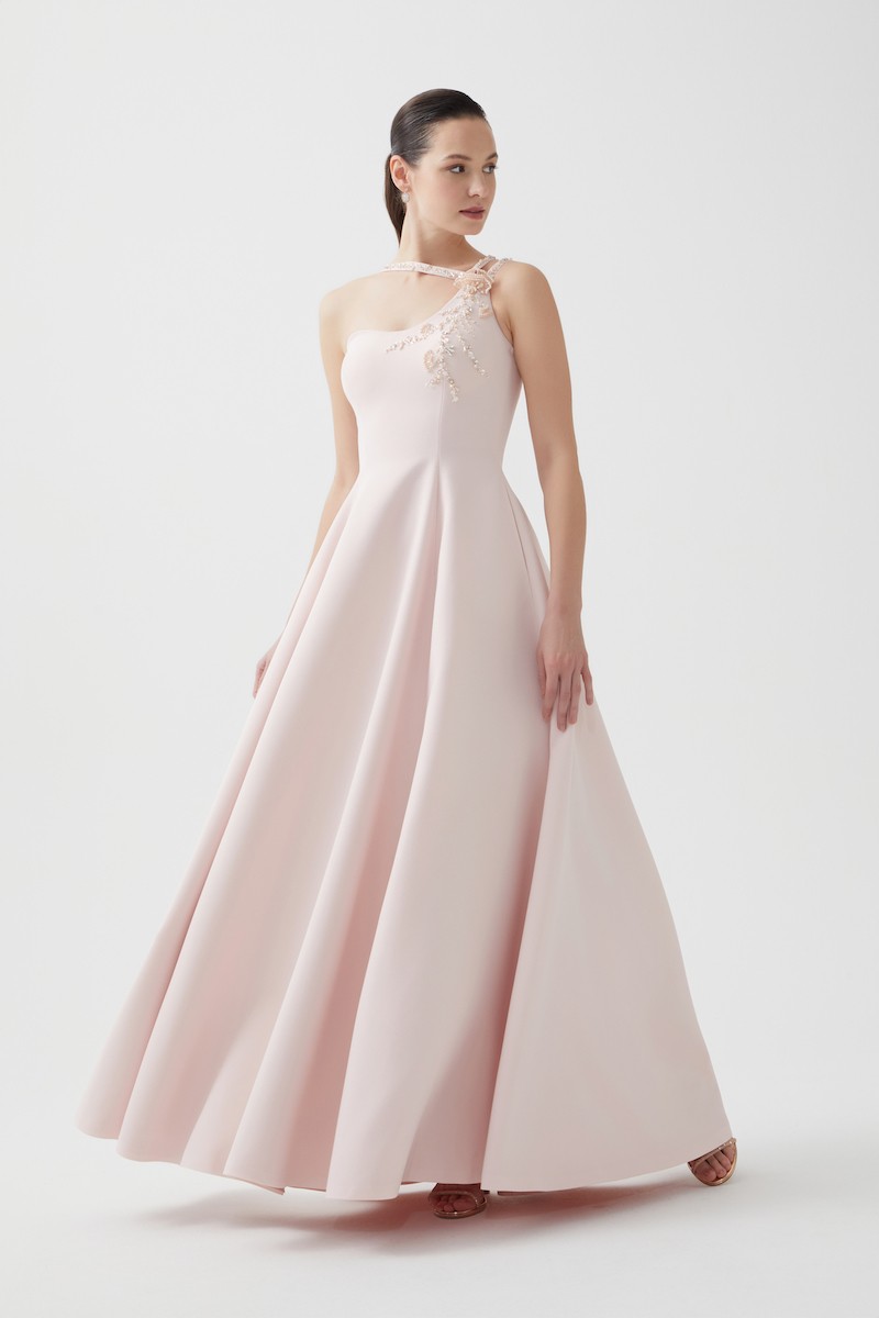 R96 - One-Shoulder Strap, Hand-Embroidered Neckline and Straps, Pockets, Flared Skirt, Full-Length Dress