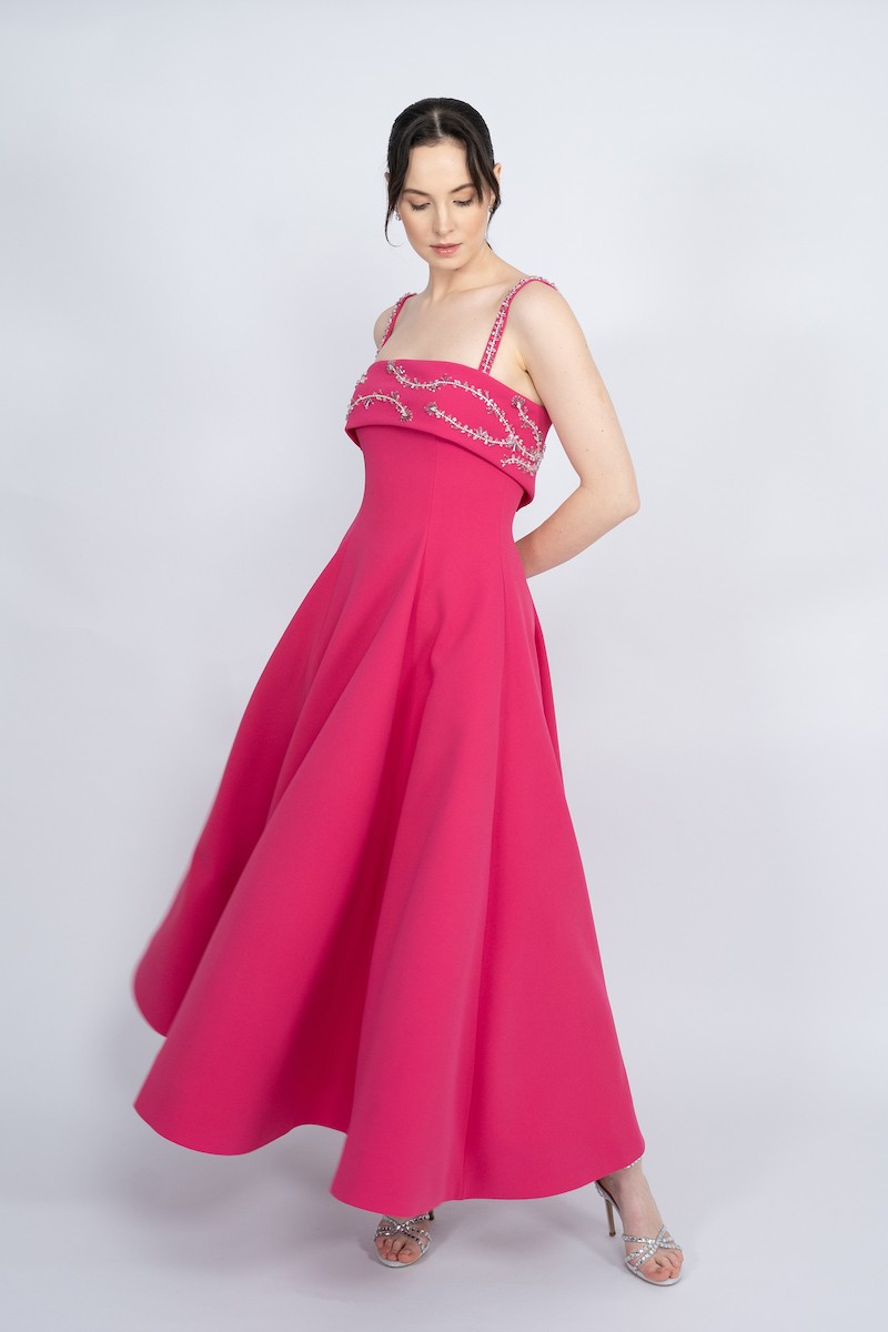 R56 - Strap Shoulder, Strapless Neckline, Bust and Straps Embellished, Hidden Pocket, Flared Cut , Maxi Dress