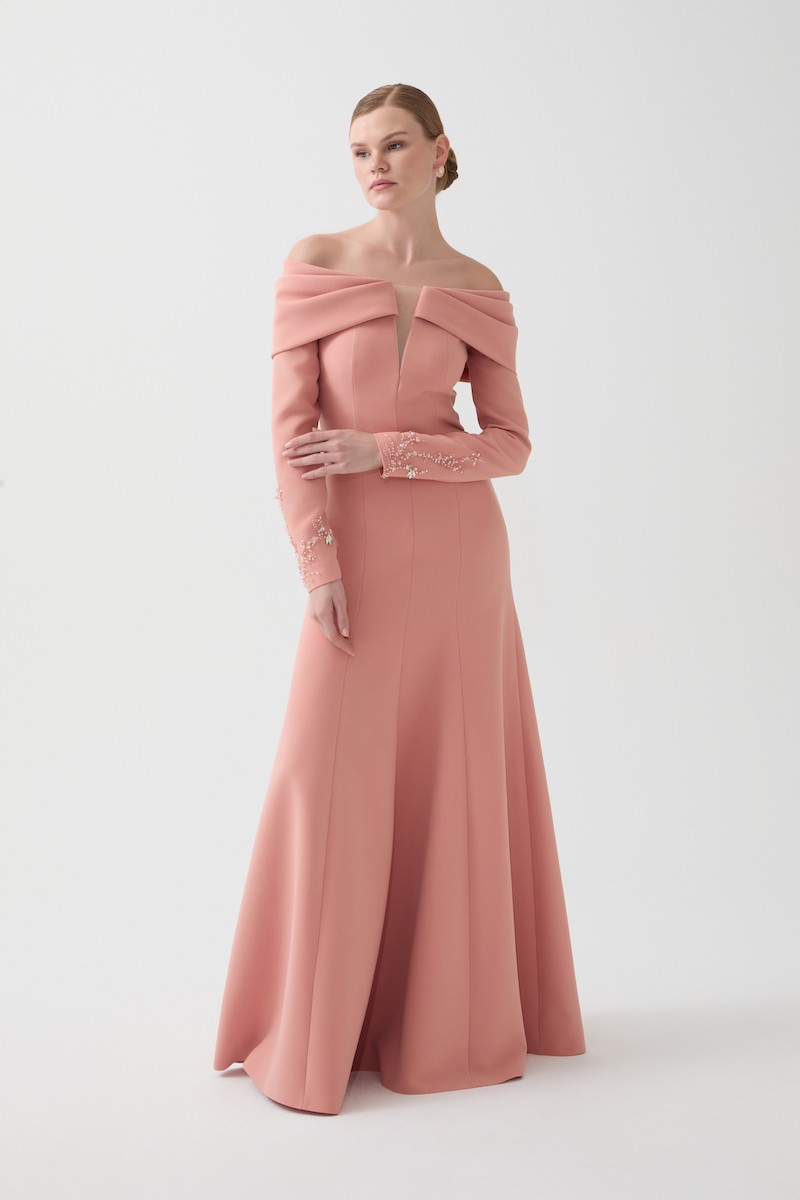 R104 - V-Neckline, Pleated Off-Shoulder, Long Sleeves, Hand-Embroidered Cuffs, Paneled Mermaid Cut, Full-Length  Dress