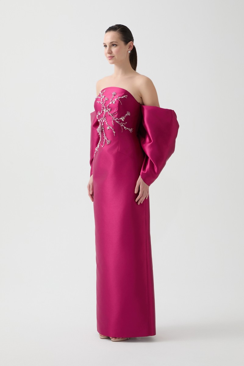 R109 - Strapless, Bow Sleeves, Hand-Embroidered Front Detail, Straight Cut, Back Slit, Full-Length Dress