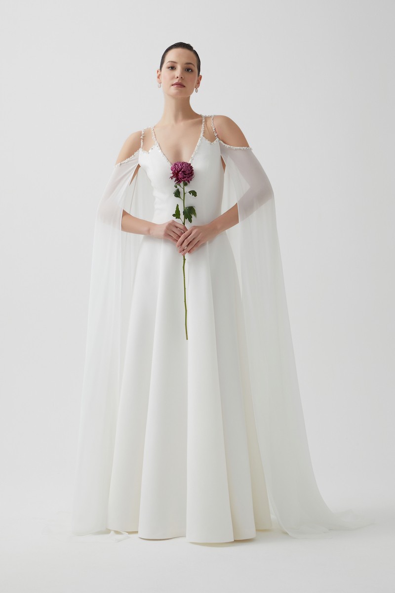 R110 - V-Neckline, Sheer Shoulders, Chiffon Cape on Sleeves and Back, Hand-Embroidered Neckline and Sleeve Edges, Paneled Flared Cut, Full-Length Dress