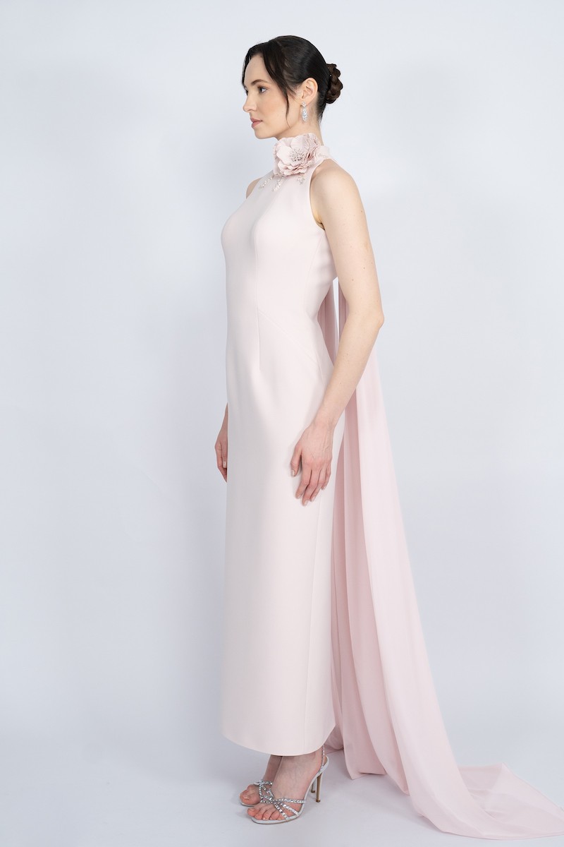 R58 - Halterneck, Line Decollete on Back, Handmade Floral and Hand-Embellished Collar, Long Cape Back, Back Slit, Straight Cut, Maxi Length Dress