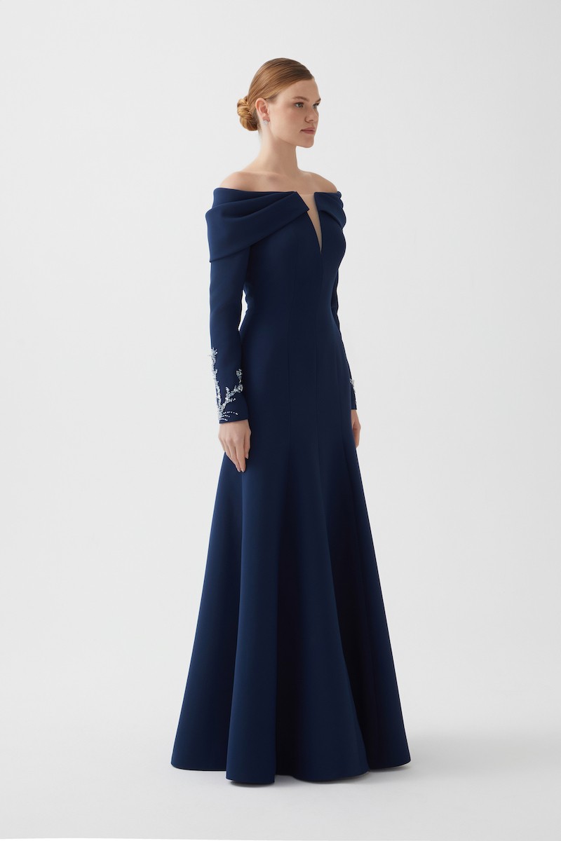 R104 - V-Neckline, Pleated Off-Shoulder, Long Sleeves, Hand-Embroidered Cuffs, Paneled Mermaid Cut, Full-Length  Dress